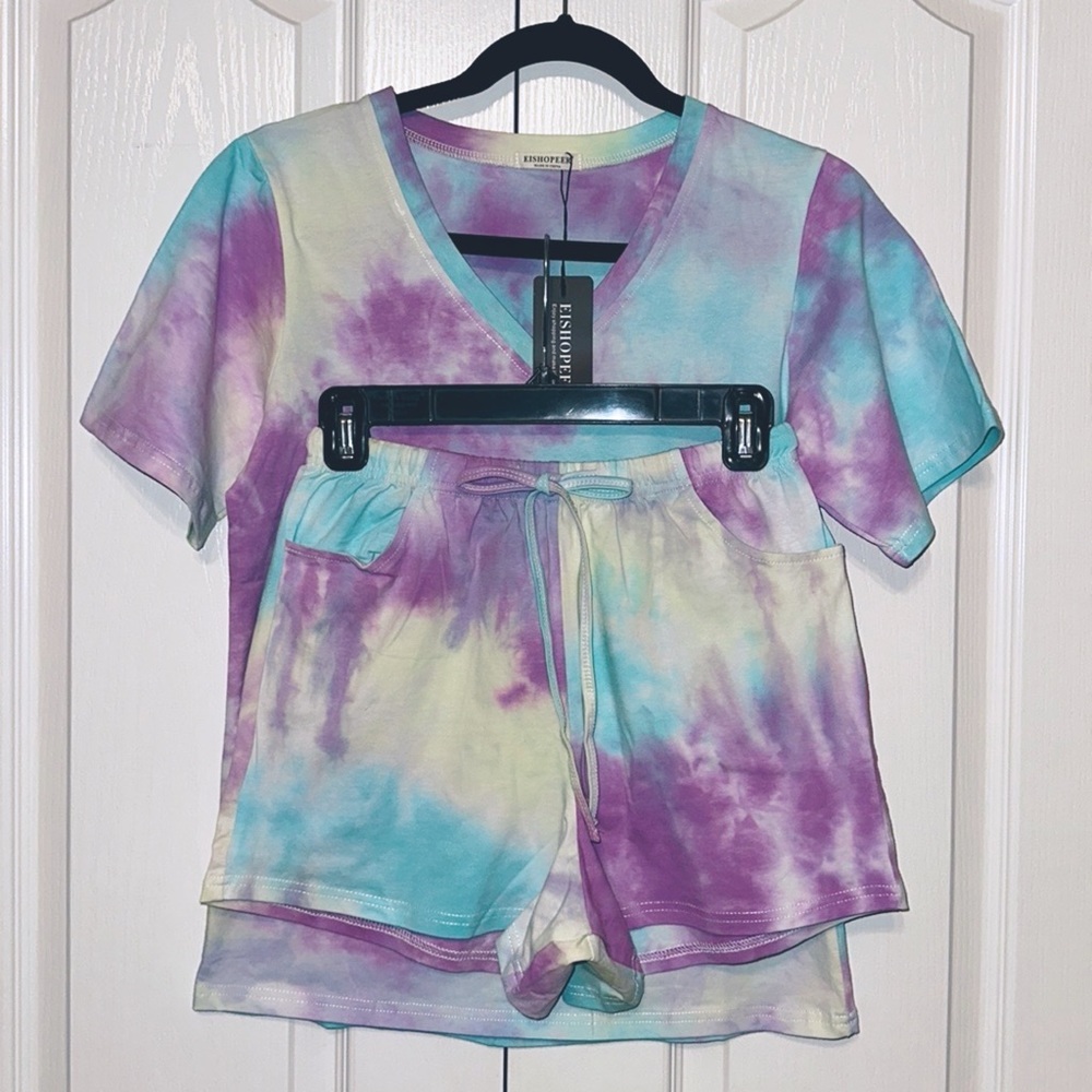 Tie-Dye Short Pajama Set - Pastel Blue & Purple - Unbranded